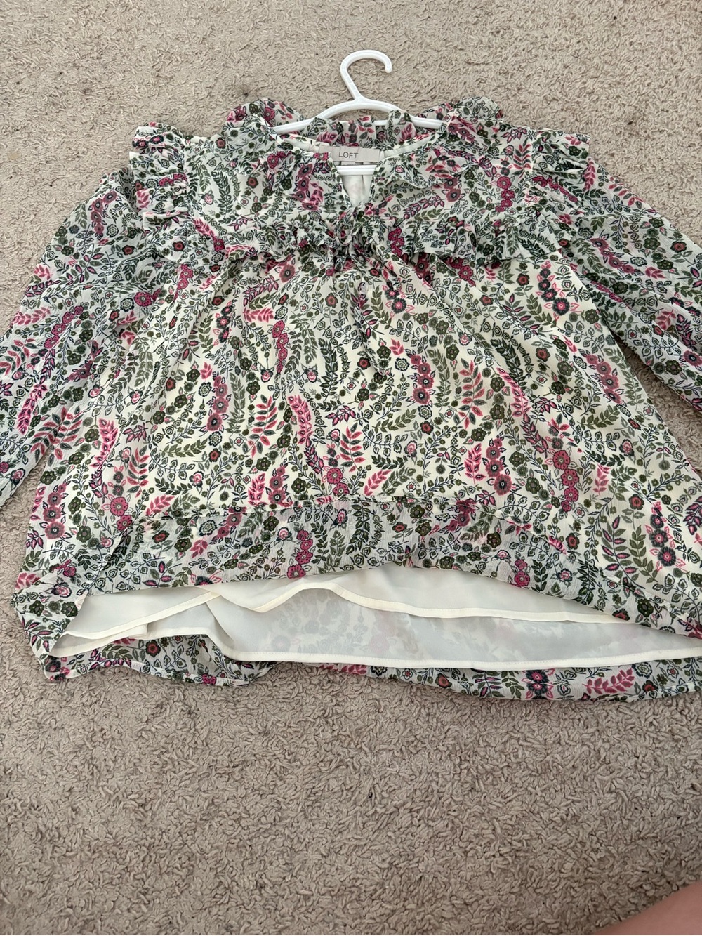 LOFT Pink & Green Floral Ruffle Blouse